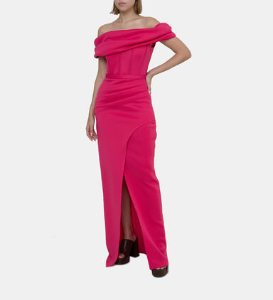 Satin Off Shoulder Gown With Tulip Neoprene Skirt