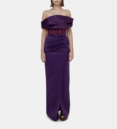 Satin Off Shoulder Gown With Tulip Neoprene Skirt