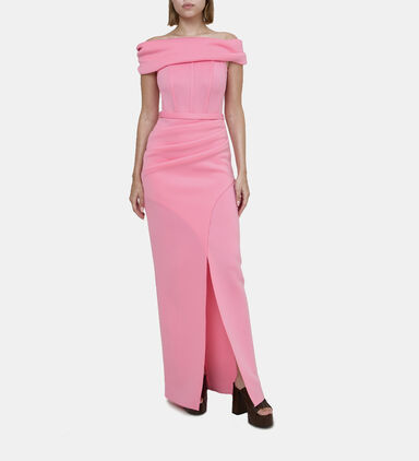 Satin Off Shoulder Gown With Tulip Neoprene Skirt