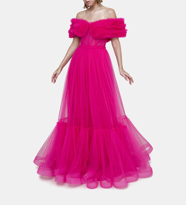 Sheering Off Shoulder Tulle Gown