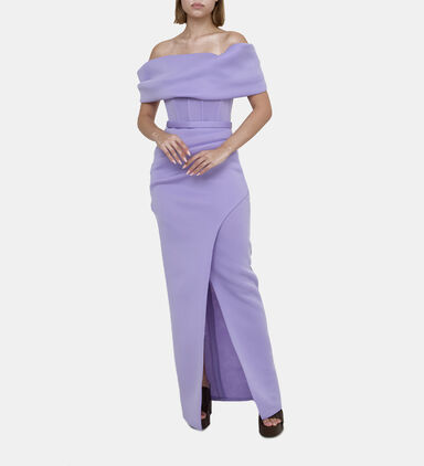 Satin Off Shoulder Gown With Tulip Neoprene Skirt