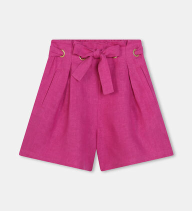 Linen Tied Belt Piped Pockets Shorts