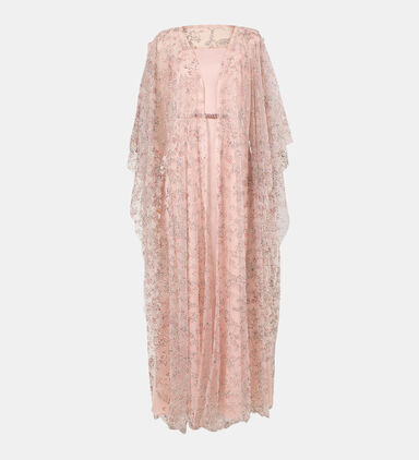 Floral Embellished Tulle Satin Kaftan