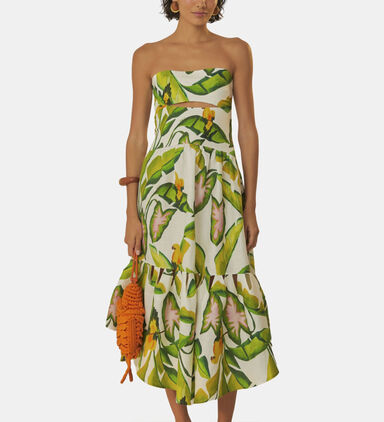 Summer Foliage Strapless Midi Dress